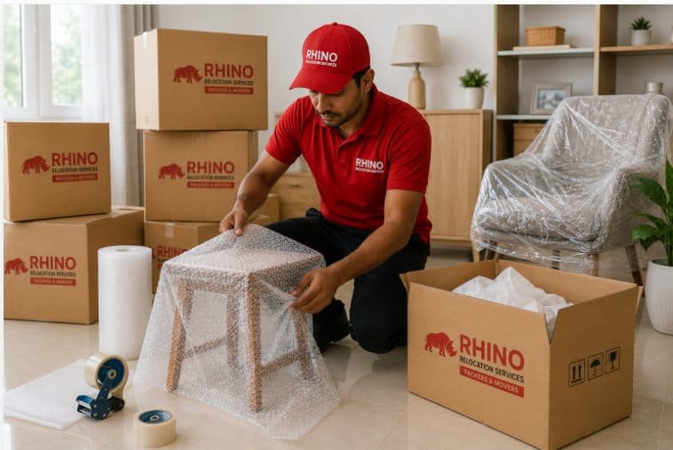 Furniture shifting service with protective wrapping