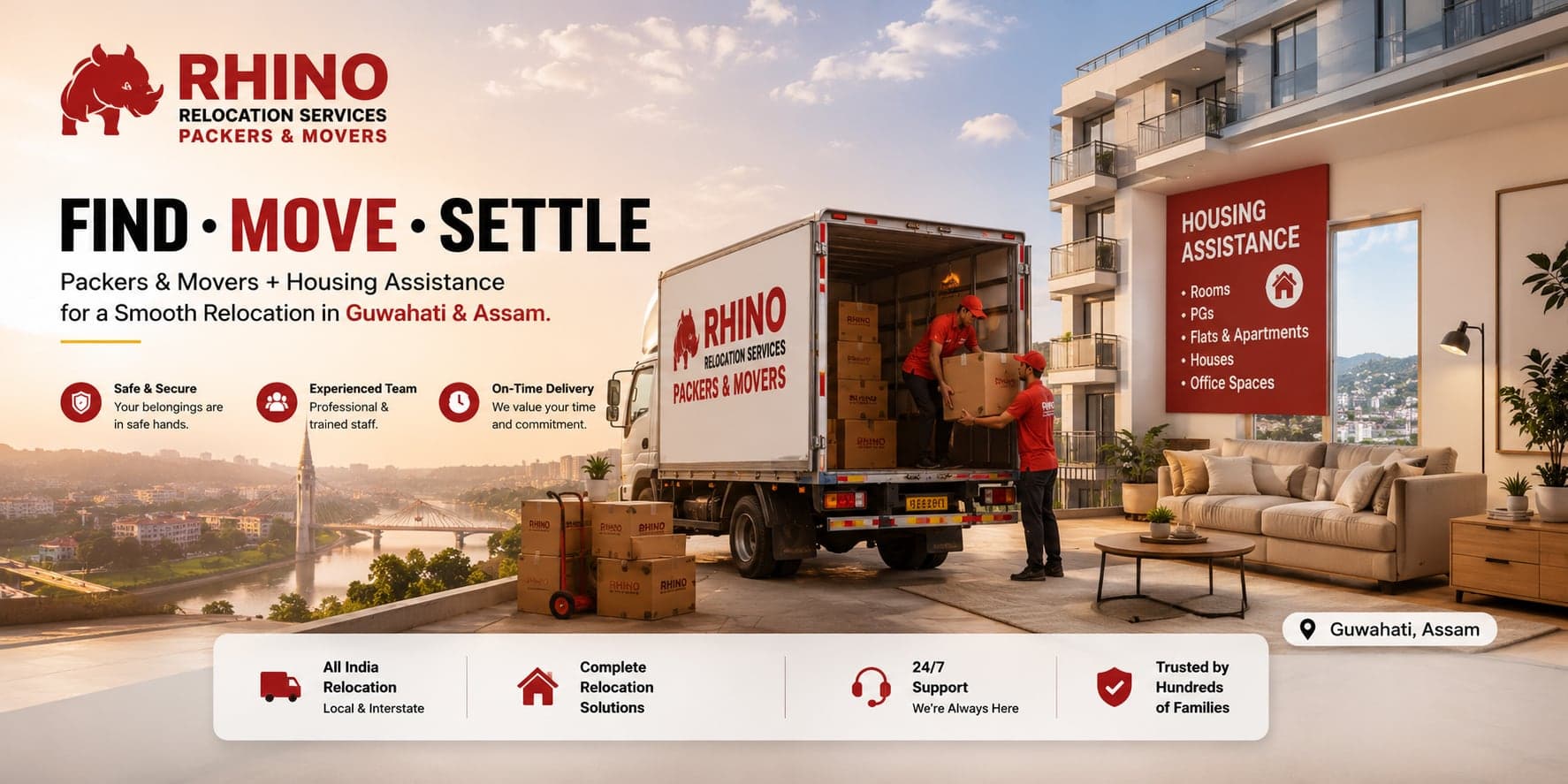 Rhino relocation ecosystem with packers and movers truck, verified rentals, and Guwahati relocation support